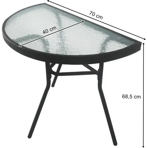 Masa de gradina semirotunda cu blat de sticla ISLAND 70x40 cm, negru