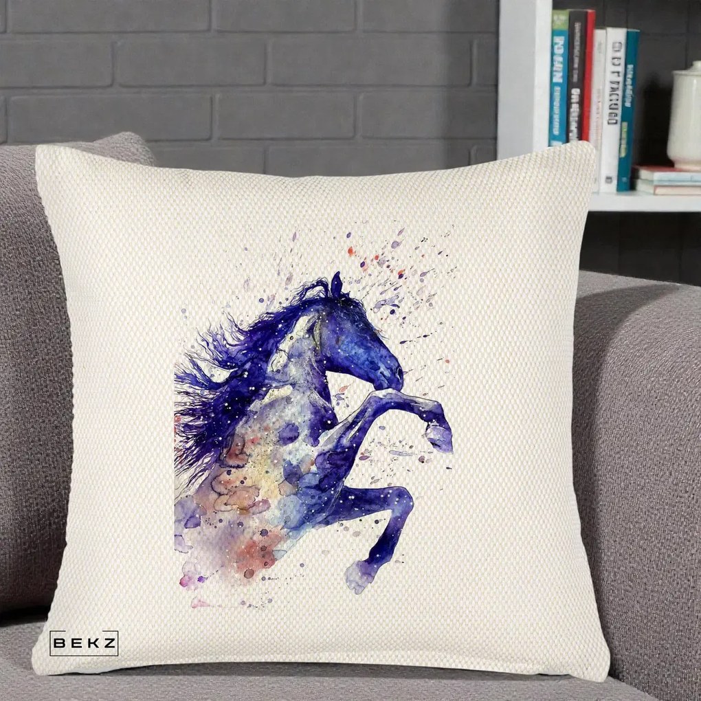 Perna Decorativa Cal Albastru Acuarela, 40x40 cm, Crem Reliefat, Husa Detasabila, Perna Inclusa, BEKZ®