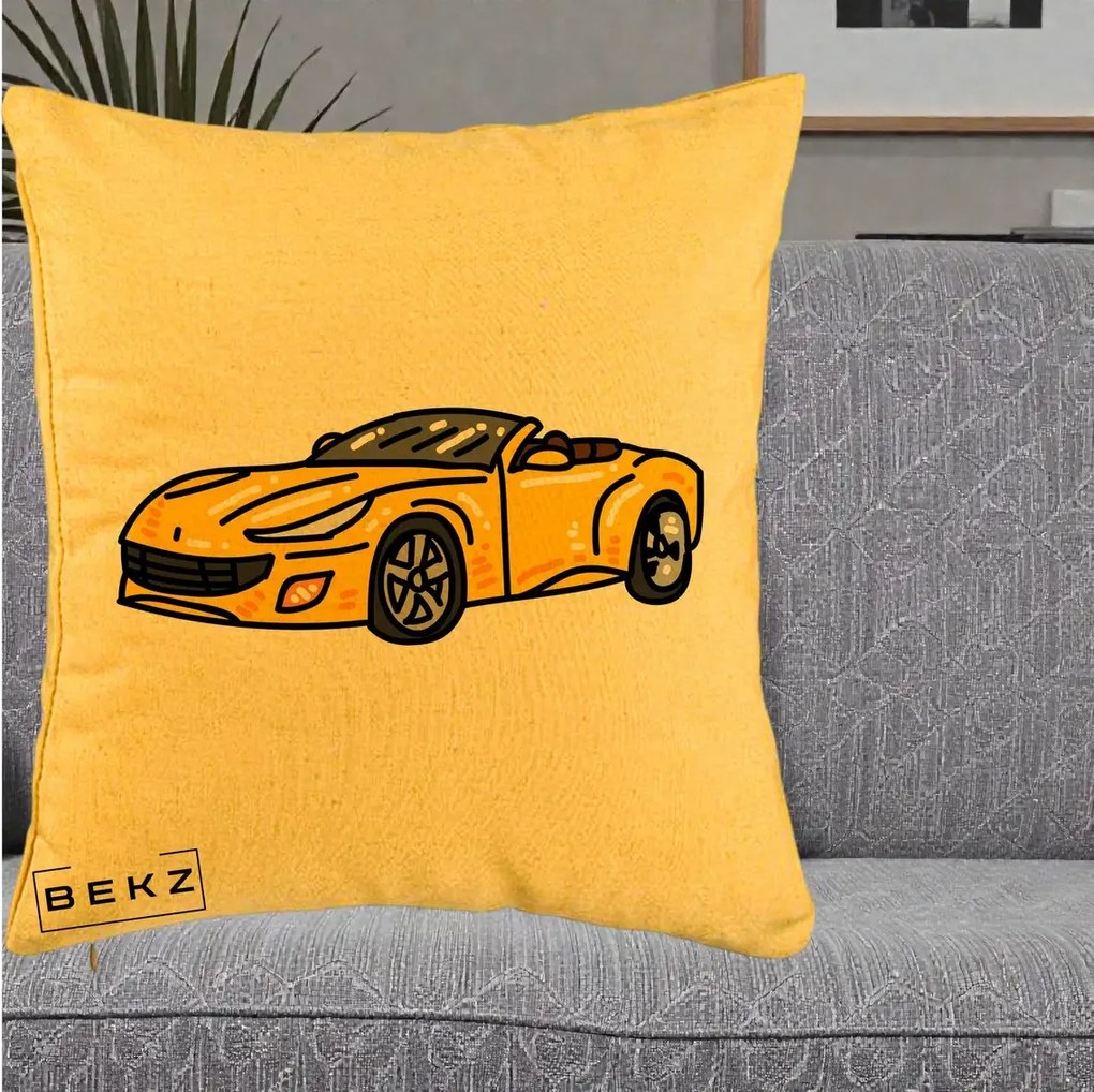 Perna Personalizata Masina Cabriolet Galbena Grafic, 40x40 cm, Galben, Husa Detasabila, Perna Inclusa, BEKZ®