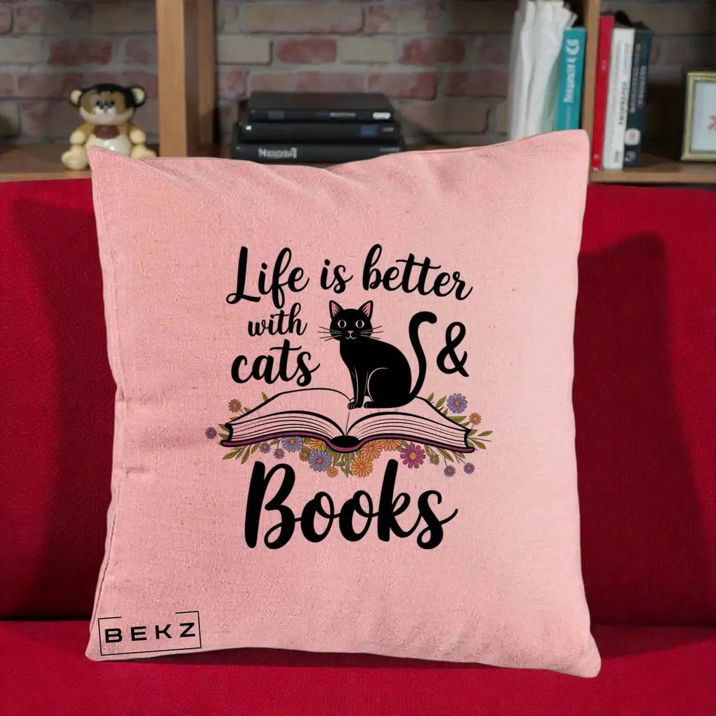 Perna Personalizata Life is Better Cats and Books, 40x40 cm, Roz, Husa Detasabila, Perna Inclusa, BEKZ®