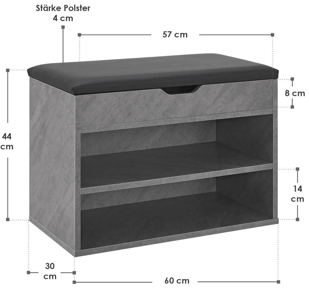 Suport pantofi cu capac rabatabil și scaun tapițat 60 x 30 x 44 cm aspect beton