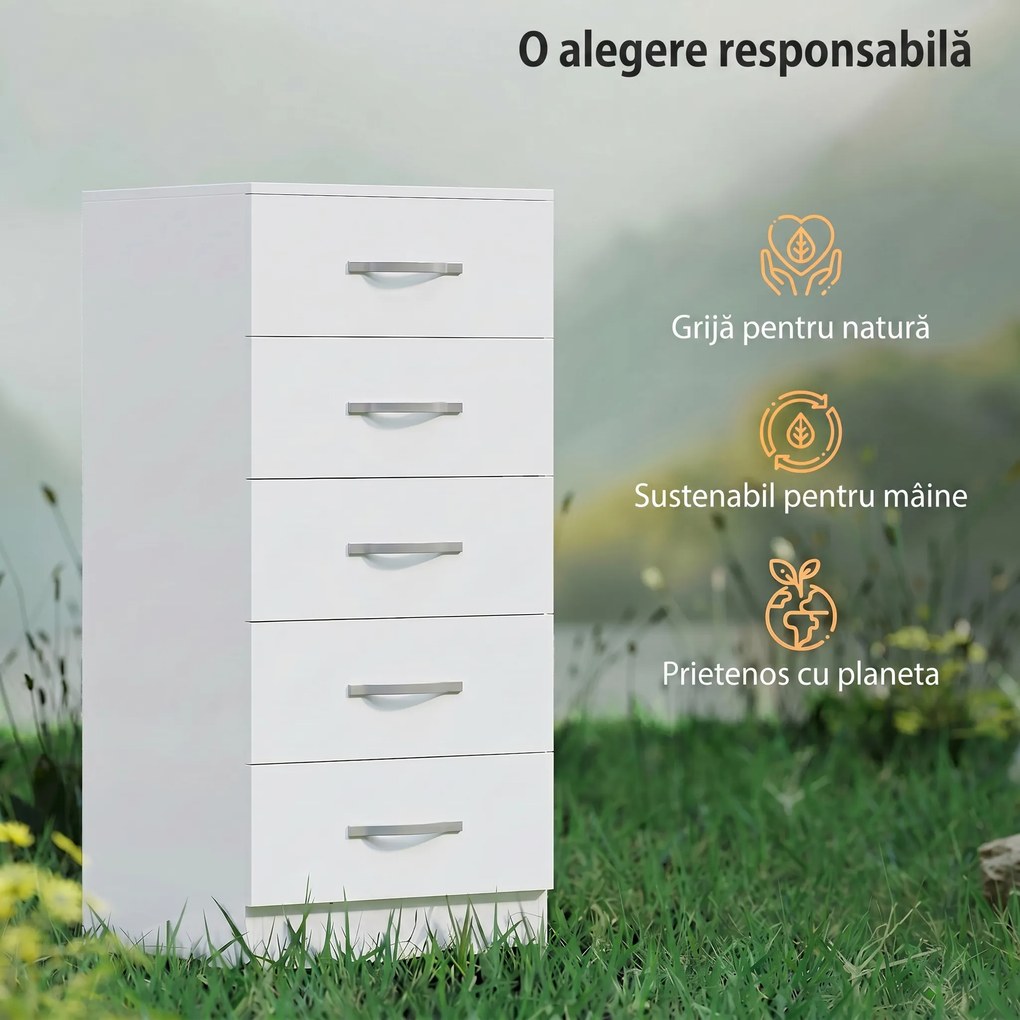 HOMCOM Comodă cu 5 Sertare, Design Modern, Slim, cu Mânere Argintii, Ideală pentru Dormitor, Cameră, Hol sau Living, Dimensiuni 40x35x85 cm, Alb | Aosom Romania