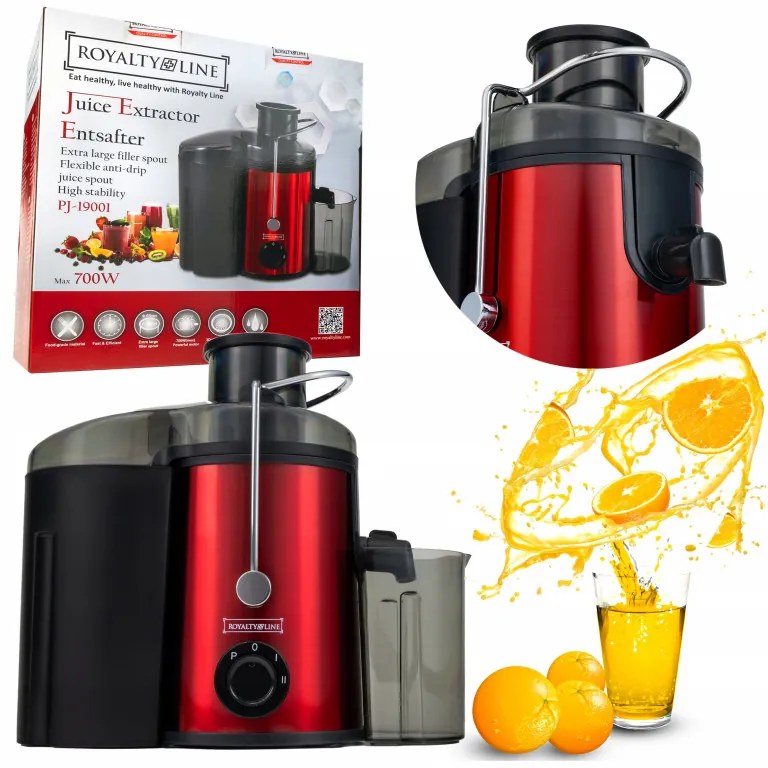 Storcator de fructe si legume  Royalty Line PJ-19001, 700 W, 2 viteze, 450 ml, Anti-picurare, Rosu