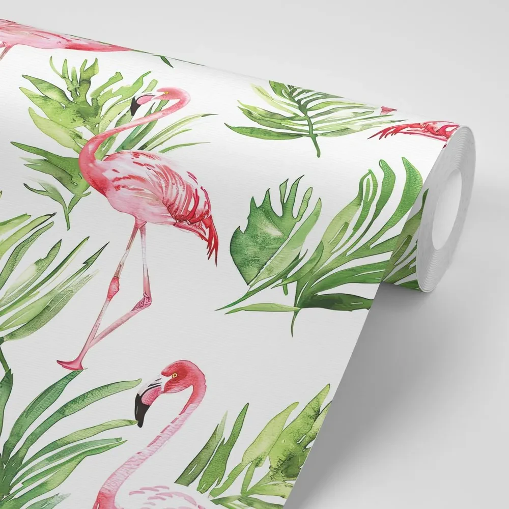 Tapet flamingo de acuarelă cu frunze
