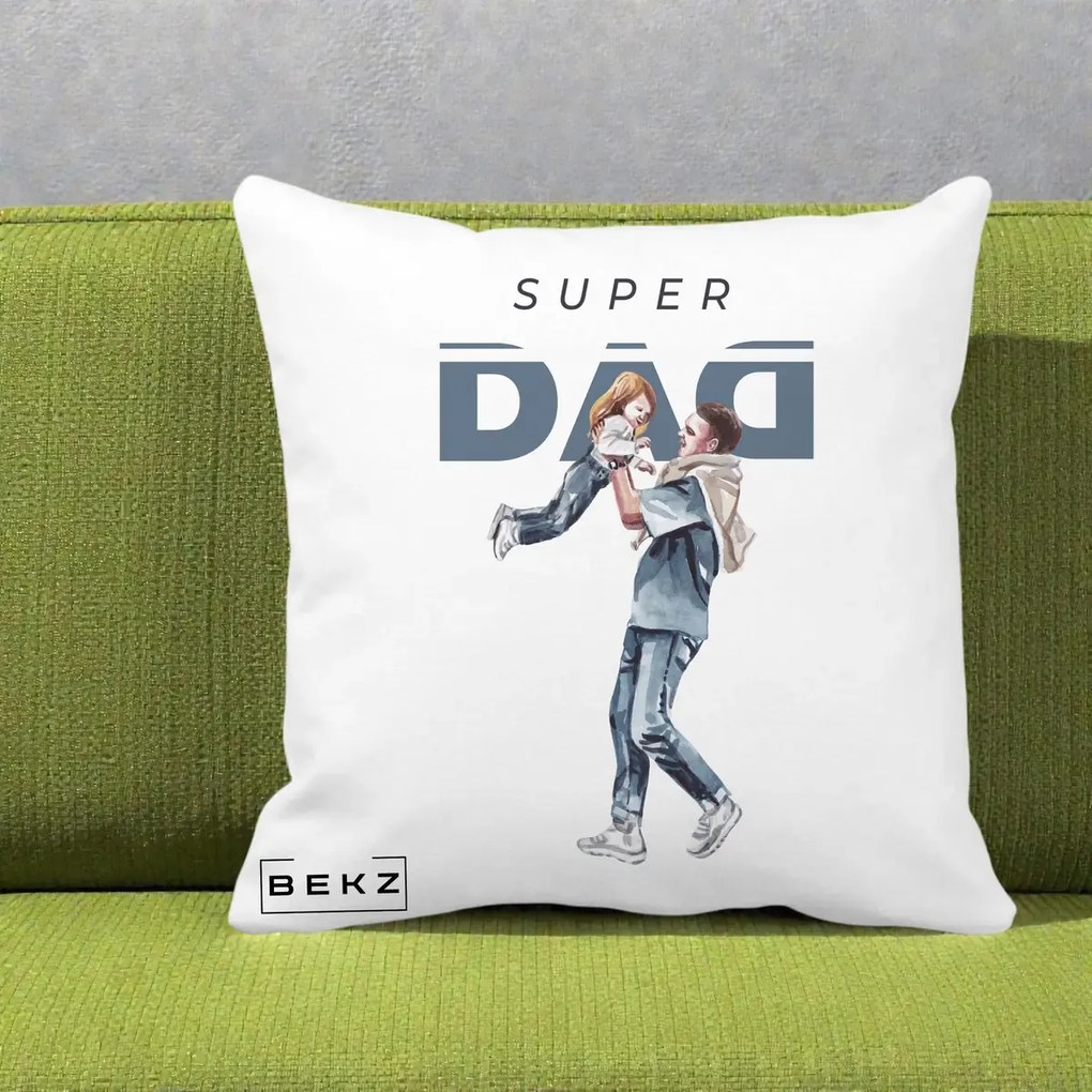 Cadou pentru Tata - Perna Personalizata Super DAD Tata si Fiica, 40x40 cm, Alba Mata, Husa Detasabila, Perna Inclusa, BEKZ®