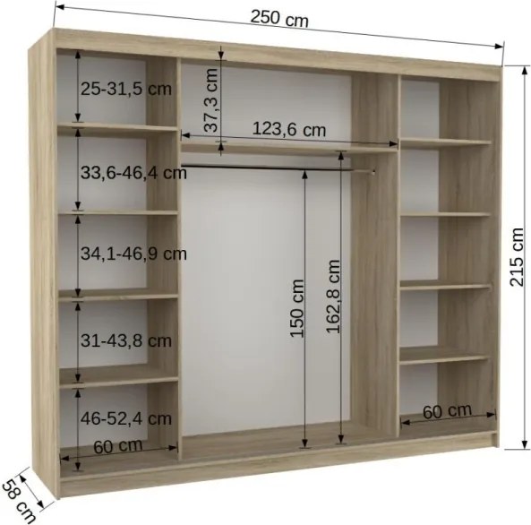 Dulap cu usi glisante si oglinda + iluminare LED, Salto 250 + LED, 250 cmx215cmx58 cm, ADRK Furniture (Culoare: Ciocolata)