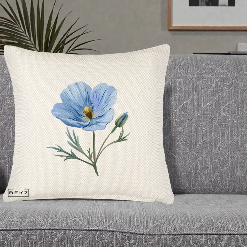 Perna Decorativa Mac Albastru Acuarela, 40x40 cm, Crem Reliefat, Husa Detasabila, Perna Inclusa, BEKZ®