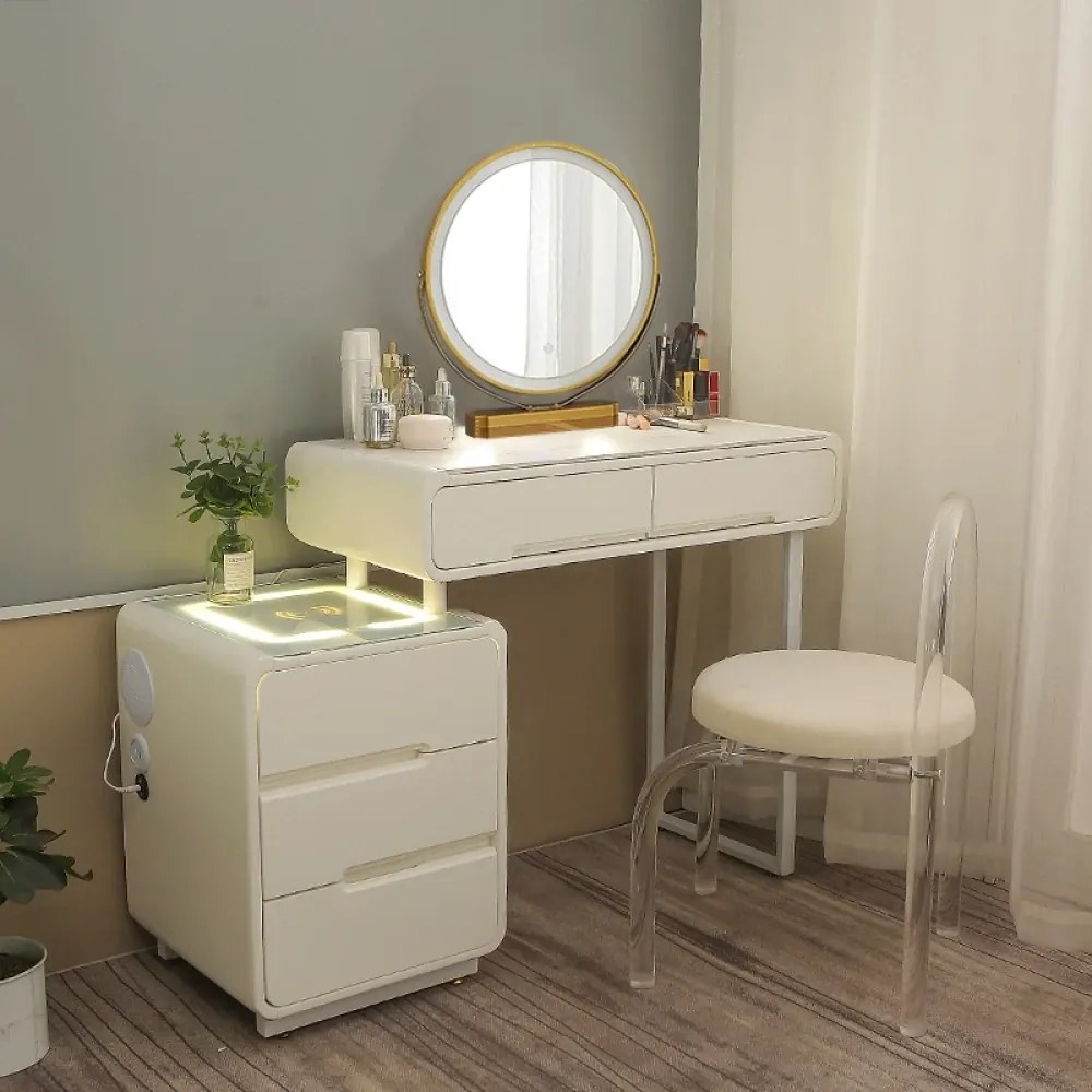 Set Alisa, Masă de toaletă pentru machiaj cu oglindă iluminată LED, control touch, 5 sertare, comoda, scaun, Difuzor Bluetooth, zona încărcare fără fir, Alb