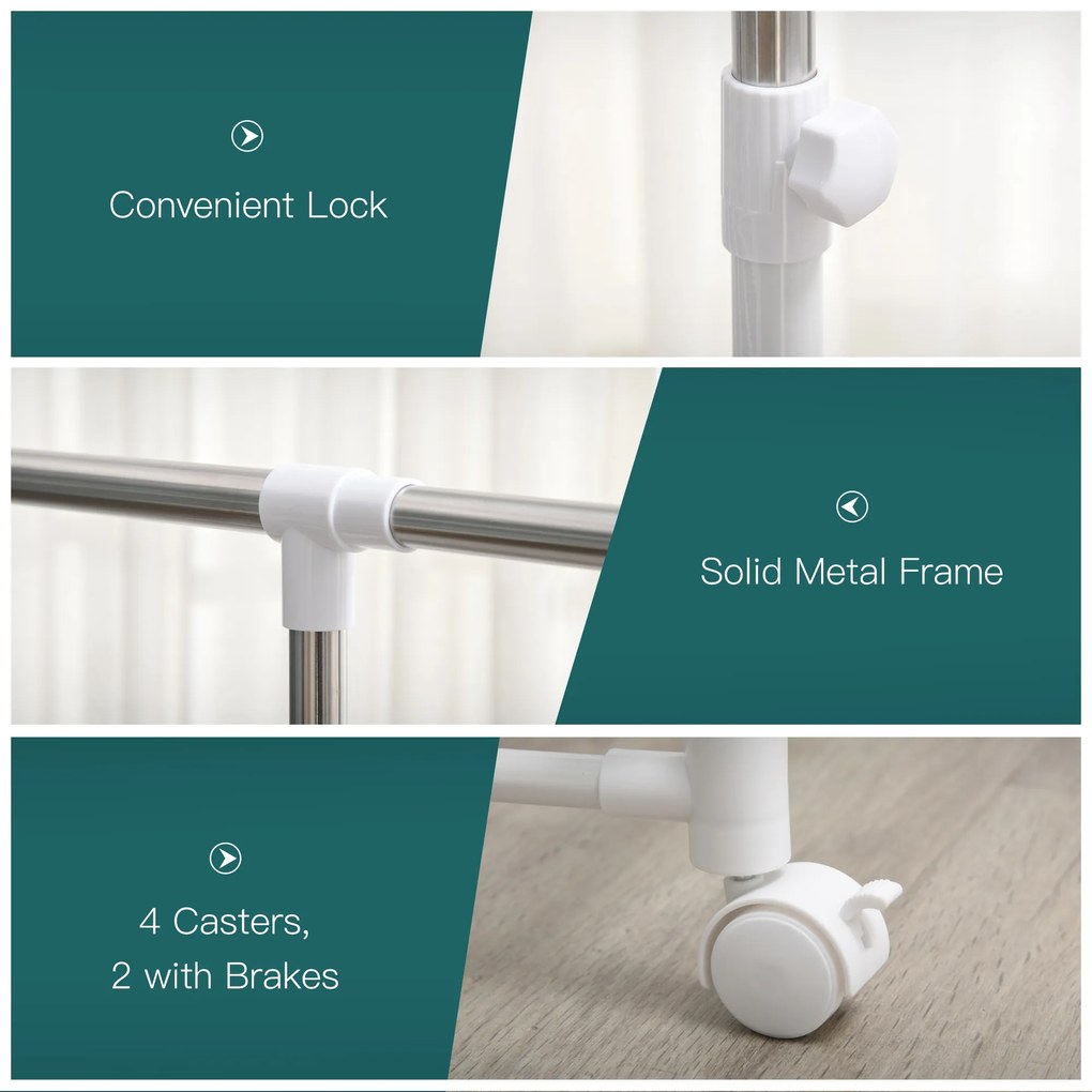 HOMCOM Suport pentru Îmbracaminte şi pentru Rufe Extensibil, 2 Paliere, Înaltime reglabila şi Roţi, 88-157x50x95-160cm, Alb