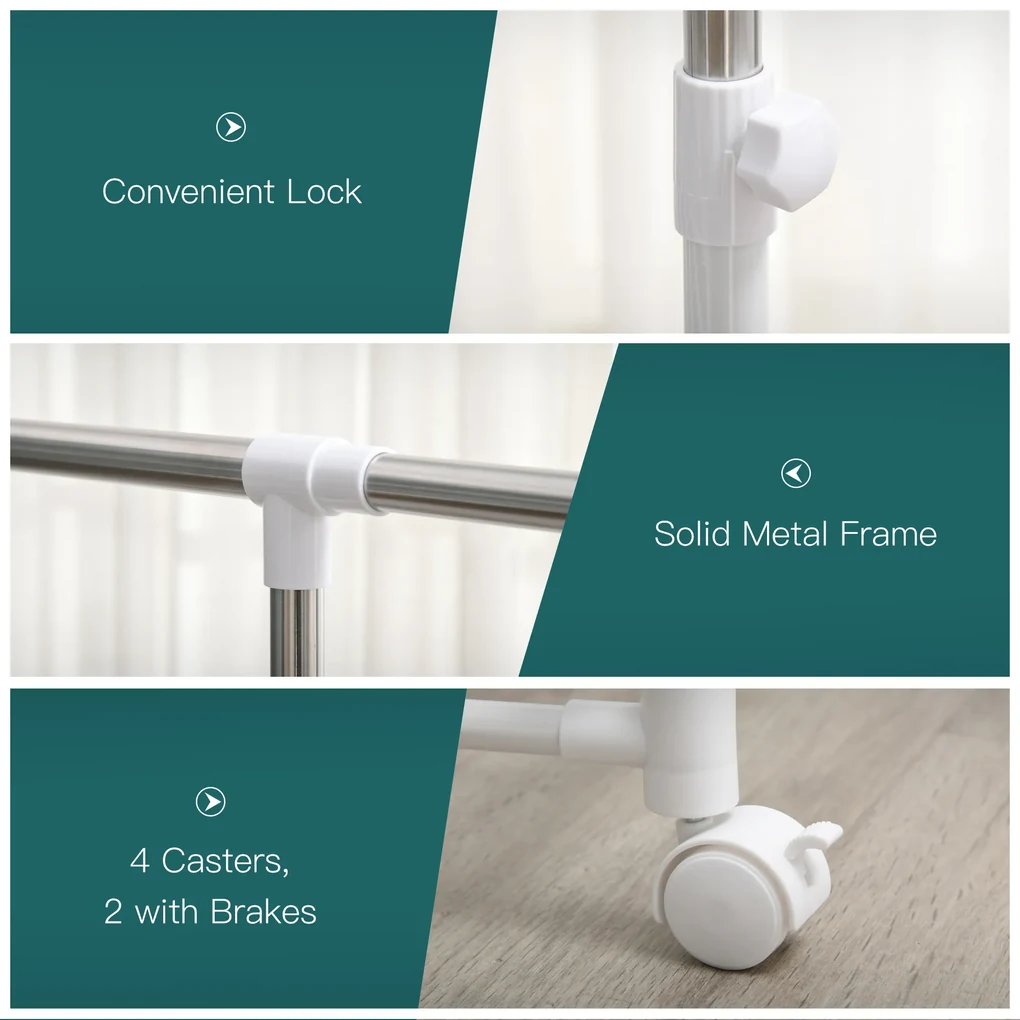 HOMCOM Suport pentru Îmbracaminte şi pentru Rufe Extensibil, 2 Paliere, Înaltime reglabila şi Roţi, 88-157x50x95-160cm, Alb
