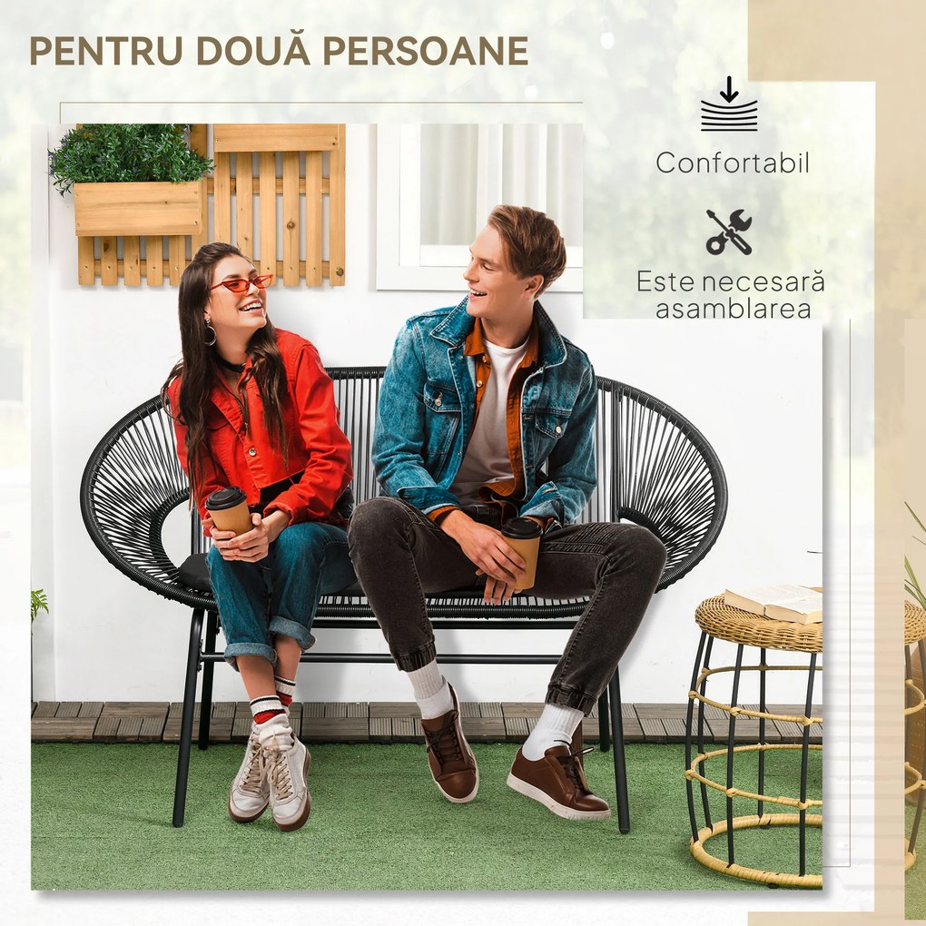 Outsunny Bancă Acapulco cu Brațe, Perne și Cadru din Oțel, Greutate Maximă 260 kg pentru Balcon, Terasă, Grădină 132x72x83 cm Negru | Aosom Romania