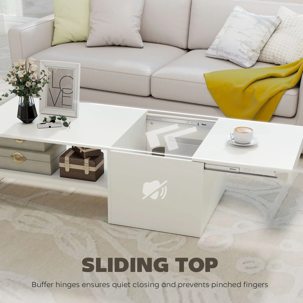 HOMCOM Măsuță de Cafea din Lemn cu Blat Glisant și Raft Deschis și Ascuns, 110x52x36 cm, Alb | Aosom Romania