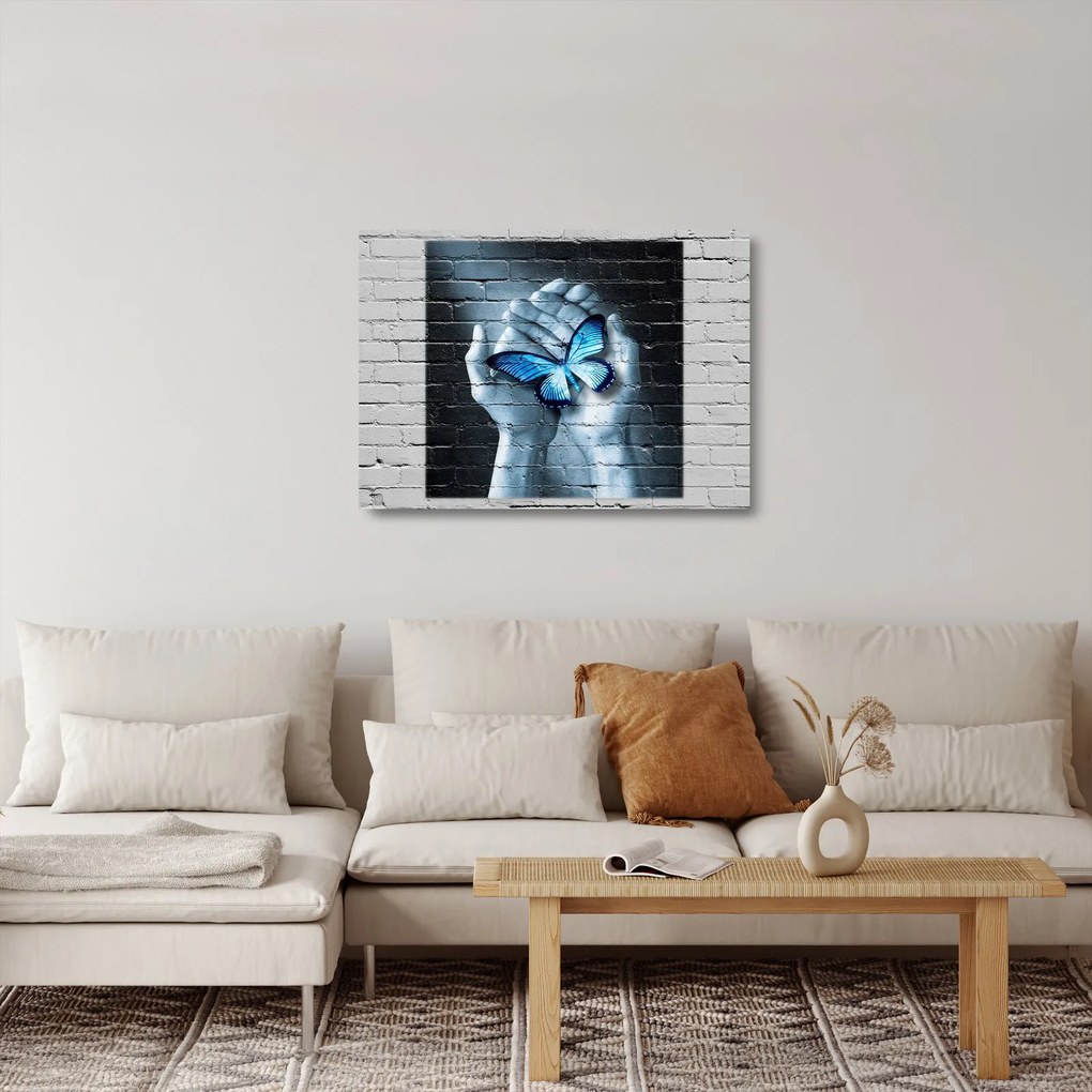 Tablou pe sticlă cu flutere albastru pe perete (70x50 cm)