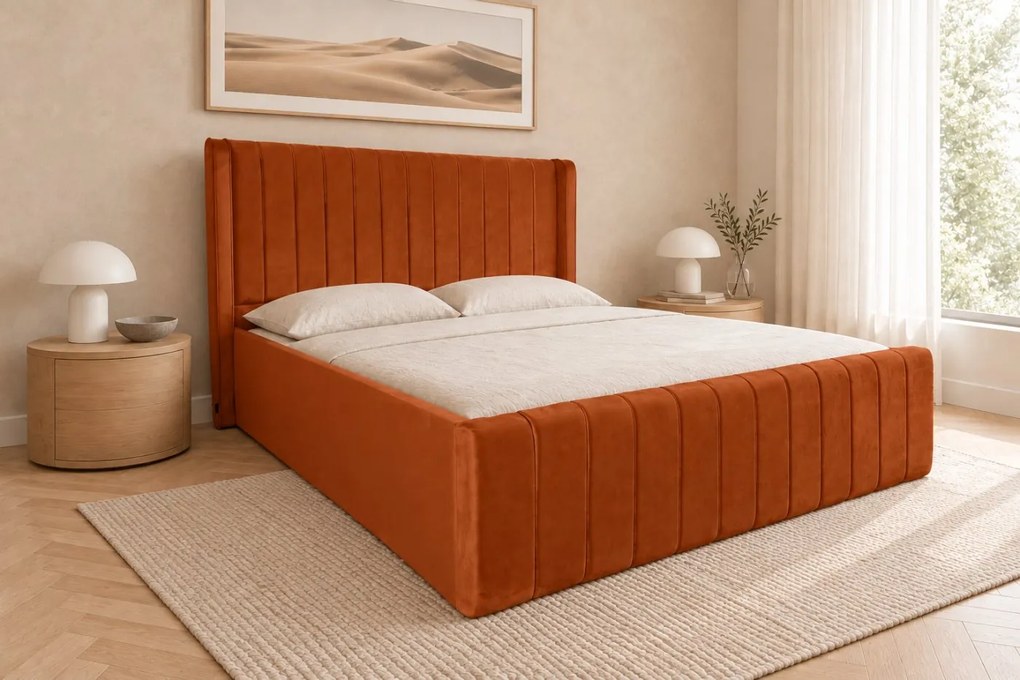 Pat tapițat din catifea Aurelia Simple 120×200 cm, cărămiziu, cu ladă de depozitare