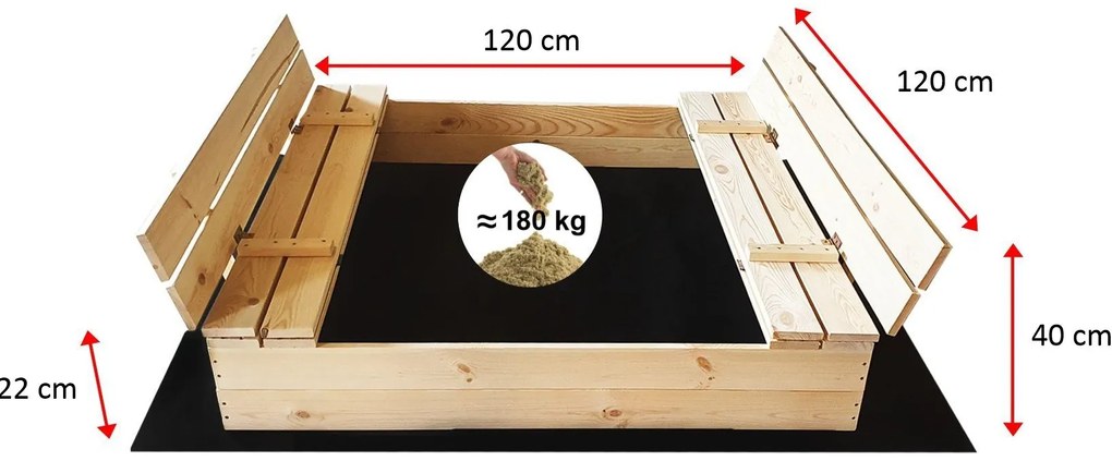 Sandpit cu bănci 120cm impregnate + folie de acoperire + agrotextil SUN