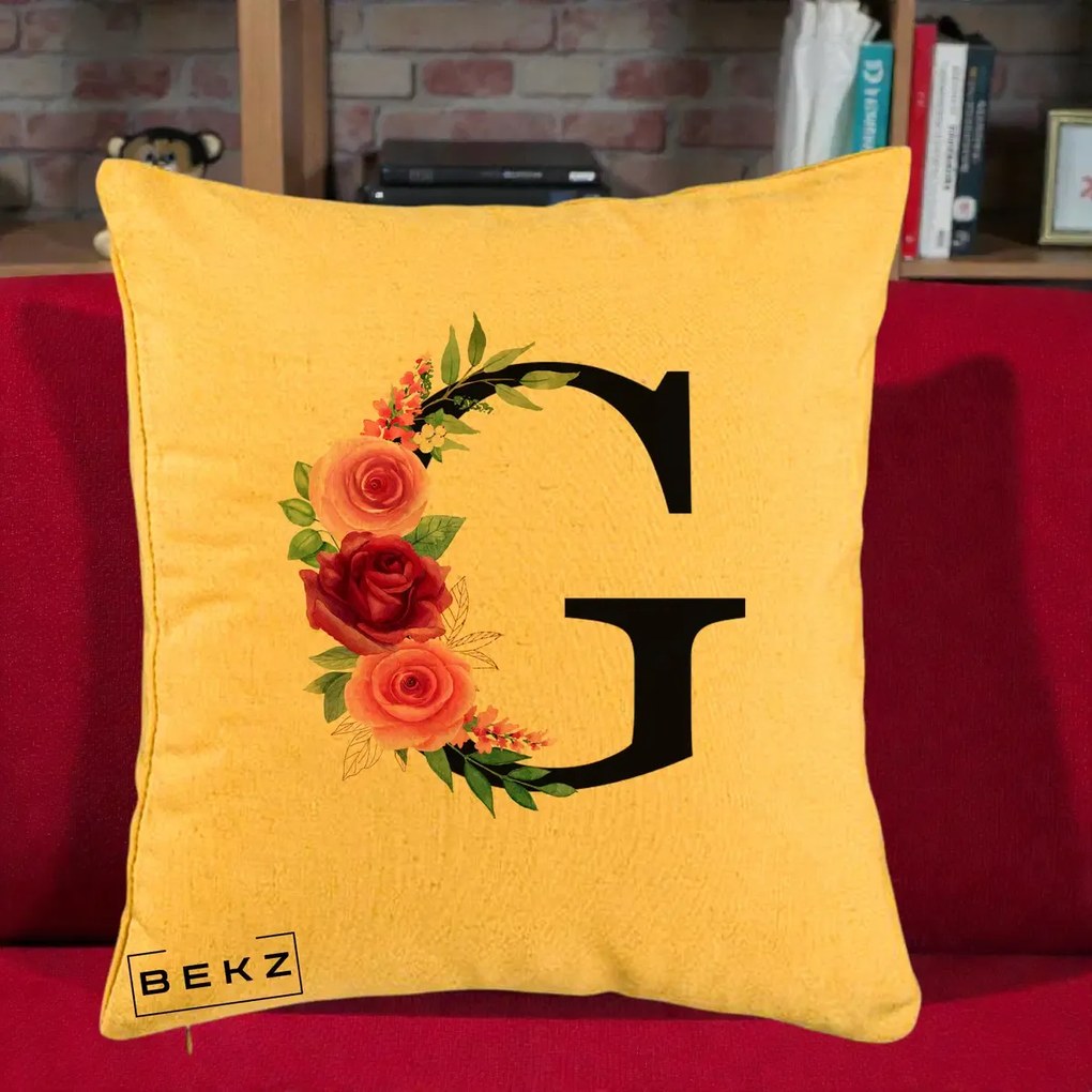 Cadou Personalizat - Perna Personalizata Monograma Florala Litera G, 40x40 cm, Galben, Husa Detasabila, Perna Inclusa, BEKZ®
