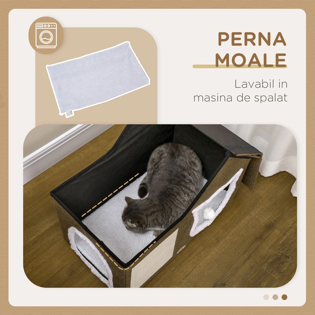 Casa Apartament pentru Pisici cu Pernuta de Zgariat, Perna Moale, Doua usi, 65x41x45,5cm Maro, Alb Crem PawHut | Aosom RO