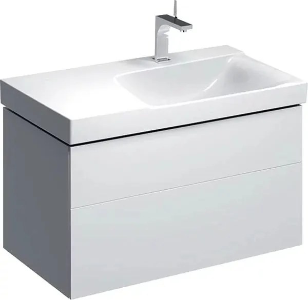 Dulap baza pentru lavoar cu blat suspendat sifon dreapta Geberit Xeno2 alb 2 sertare 88 cm