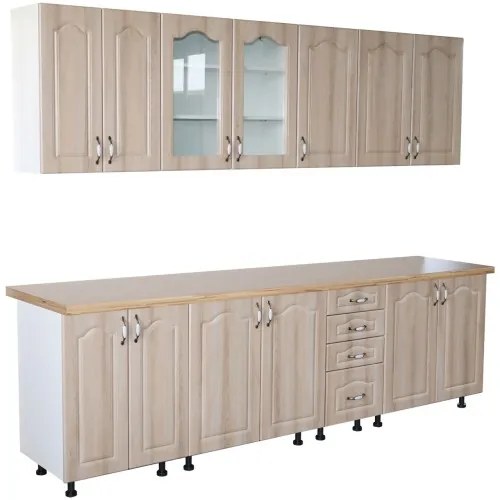 Bucatarie Zebra 260 cm din MDF Sonoma Mustata cu blat termoizolant artar