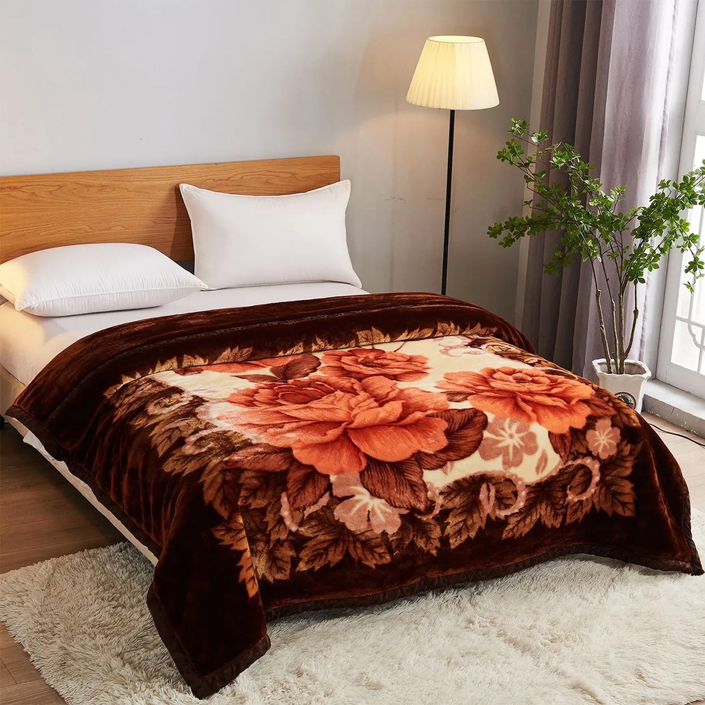 Pătură Cocolino dublă, maro cu flori portocalii, 200x230 cm, PDD03