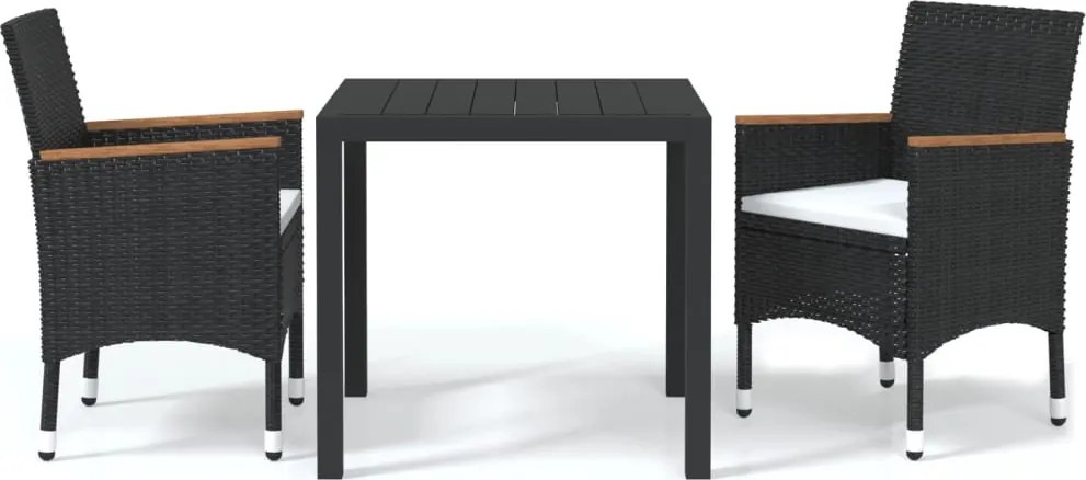 vidaXL Set de masă pentru grădină cu perne, 3 piese, negru, poliratan