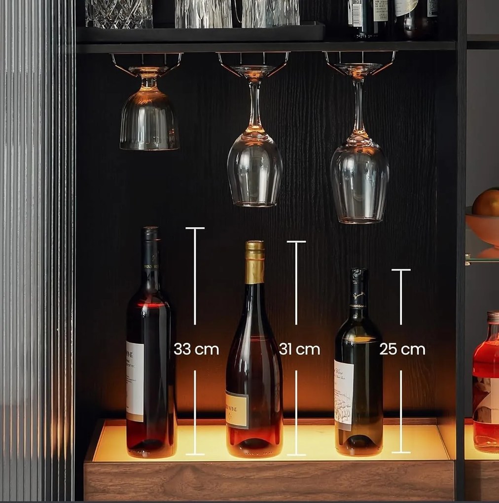 COMI34 - Comoda cu LED pentru Bar, usa Sticla, 88 cm pentru hol, living, dormitor, bucatarie, stil industrial - Negru - Maro