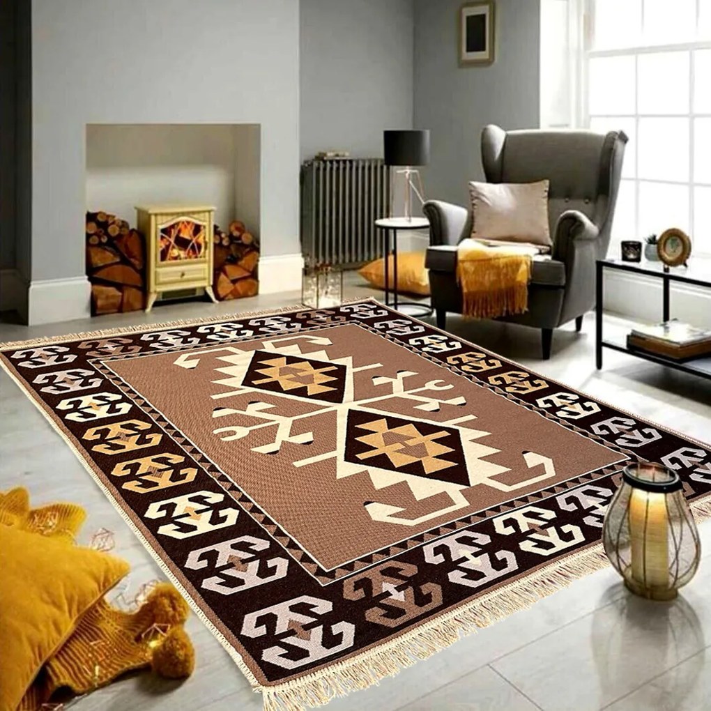 Covor Traditional Tesut cu 2 Fete, 60x120 cm, Model Etnic Maro-Bej