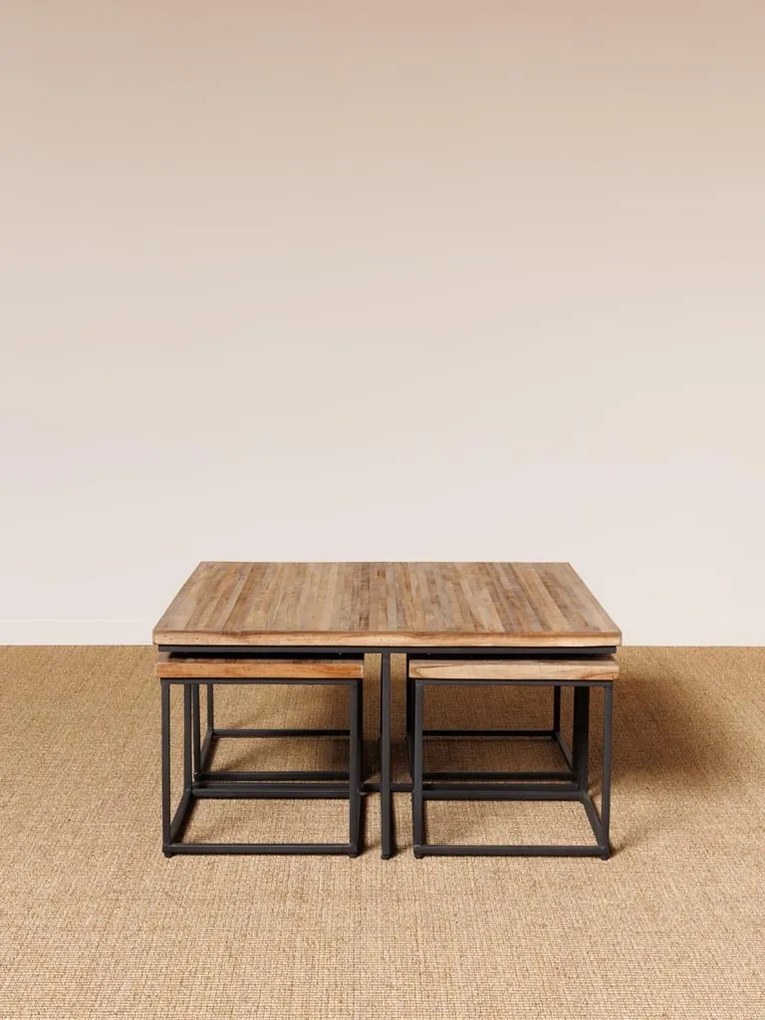 Set măsuță de cafea pătrată din lemn de tec și 4 scăunele, natur și negru, cu cadru din metal, finisaj mat, 40 x 90 x 90 cm, „Pocket”