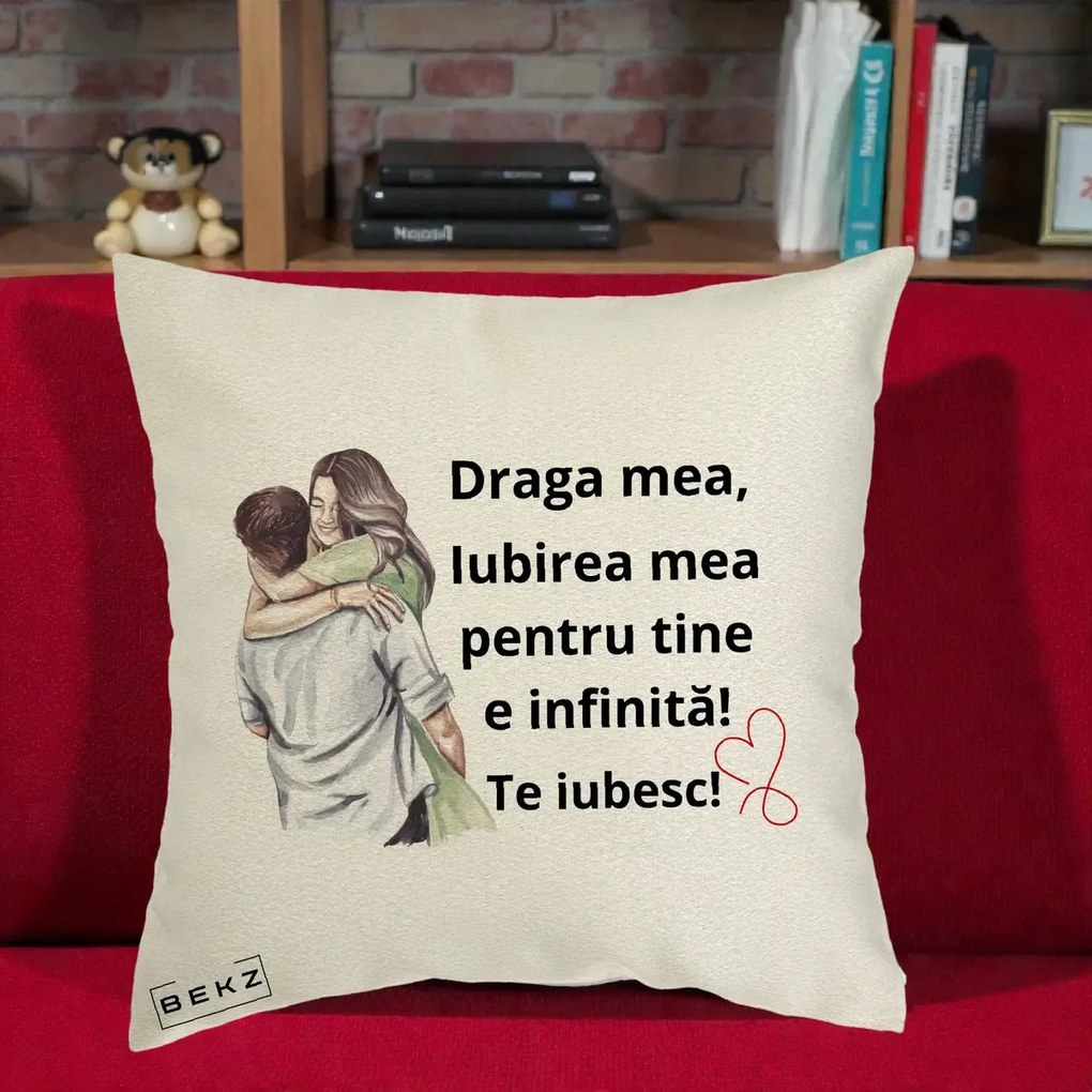 Cadou pentru Iubita - Perna Personalizata Draga Mea Iubirea Mea Infinita Te Iubesc cu Cuplu Acuarela, 40x40 cm, Ecru, Husa Detasabila, Perna Inclusa, BEKZ®