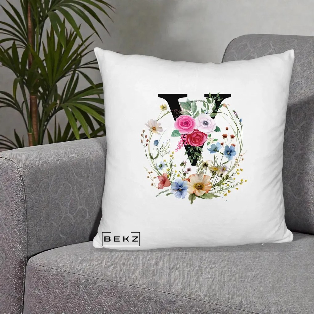 Cadou Personalizat - Perna Personalizata Monograma Florala Litera V cu Coroana, 40x40 cm, Alb Pufos, Husa Detasabila, Perna Inclusa, BEKZ®