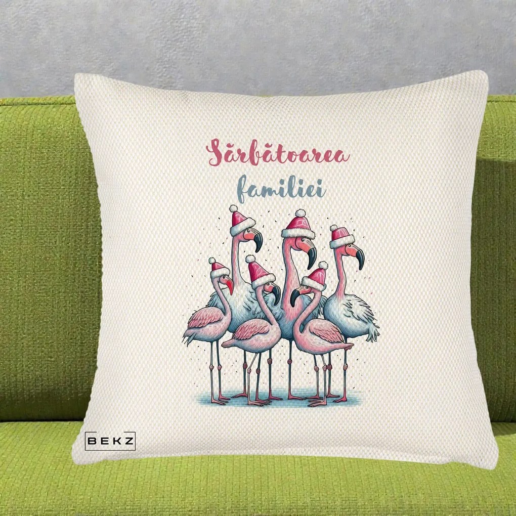 Perna Decorativa Flamingo Craciun Sarbatoarea Familiei, 40x40 cm, Crem Reliefat, Husa Detasabila, Perna Inclusa, BEKZ®