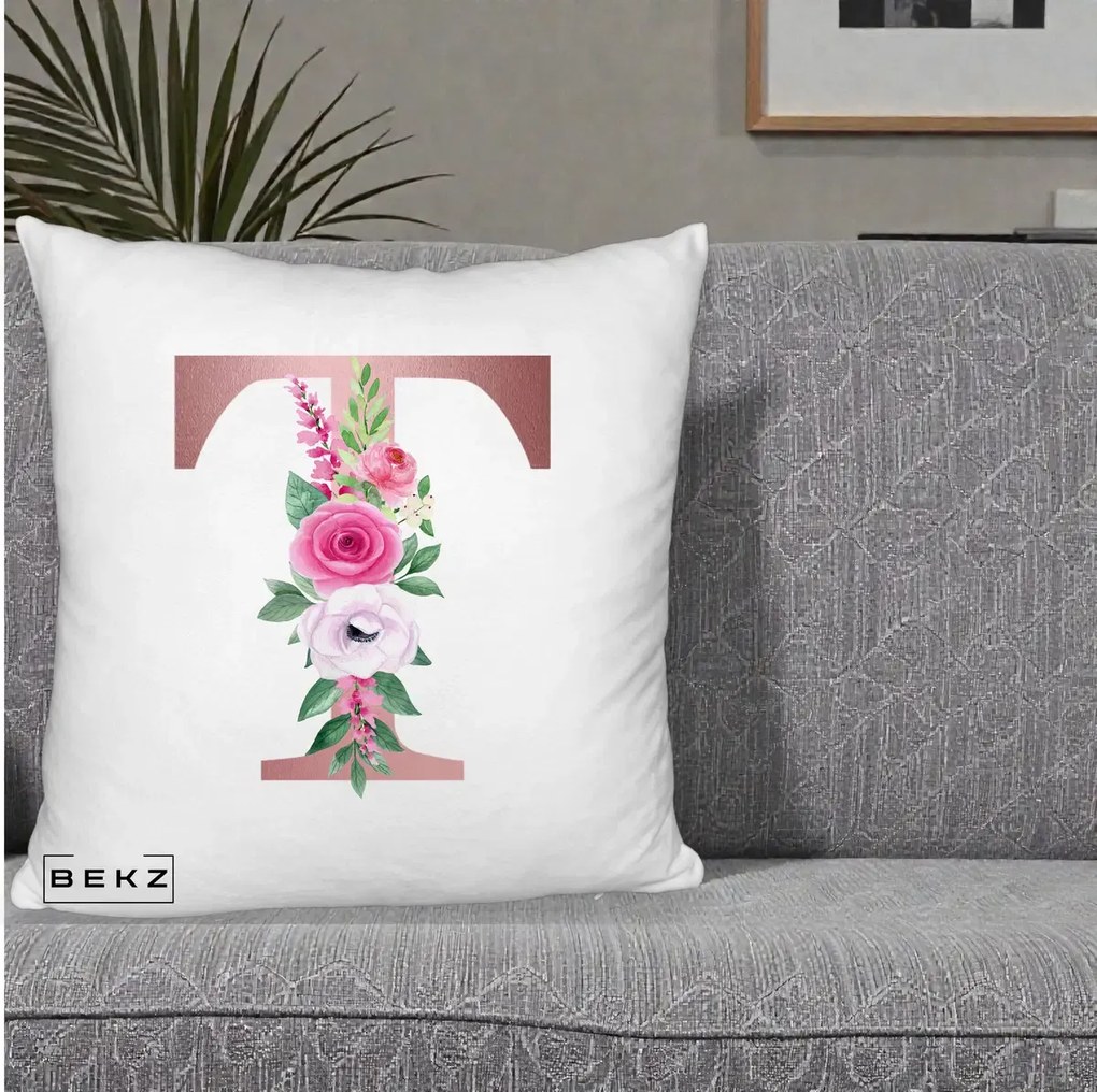 Cadou Personalizat - Perna Personalizata Monograma Rose Gold Litera T, 40x40 cm, Alb Pufos, Husa Detasabila, Perna Inclusa, BEKZ®