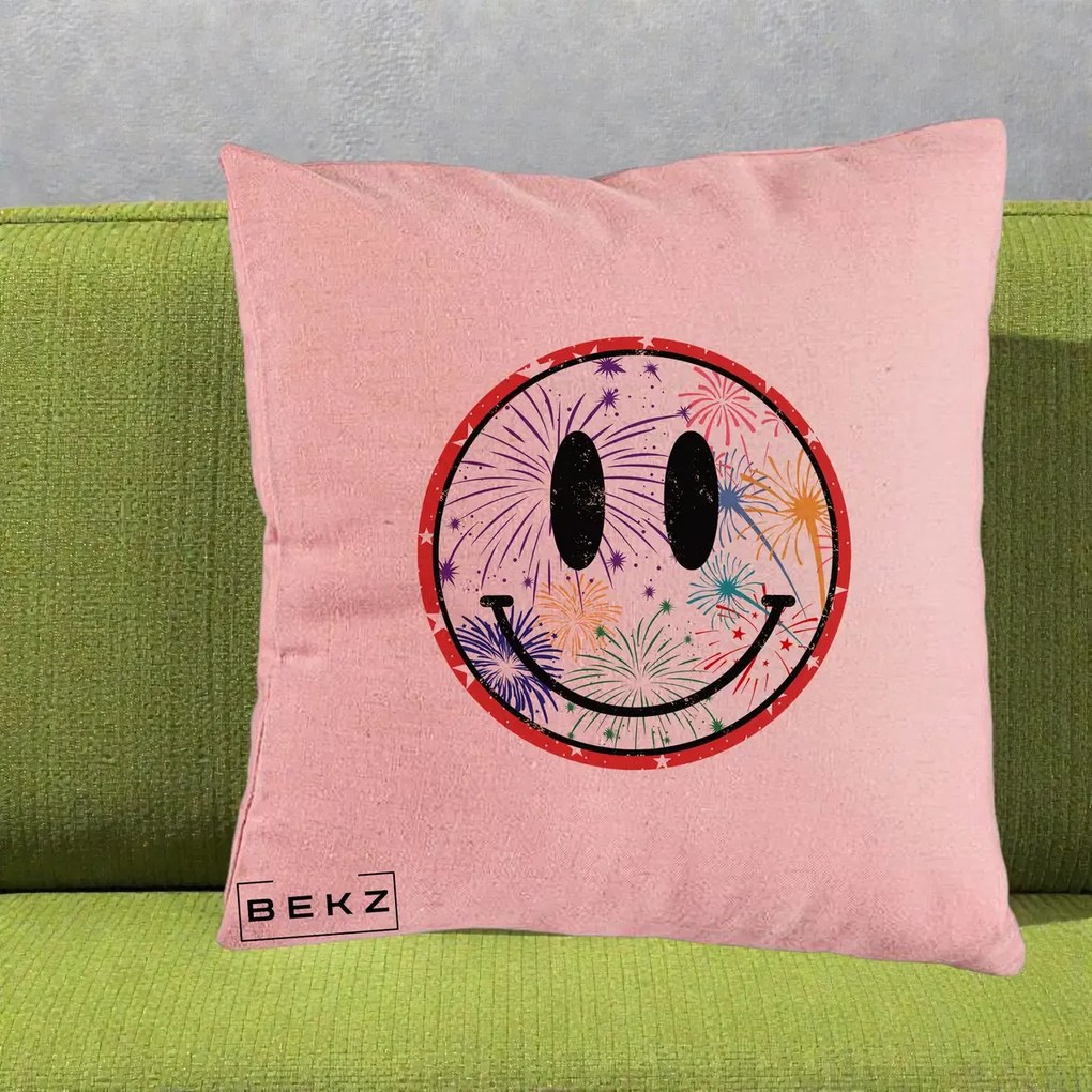 Perna Decorativa Smiley Face cu Artificii Multicolore, 40x40 cm, Roz, Husa Detasabila, Perna Inclusa, BEKZ®