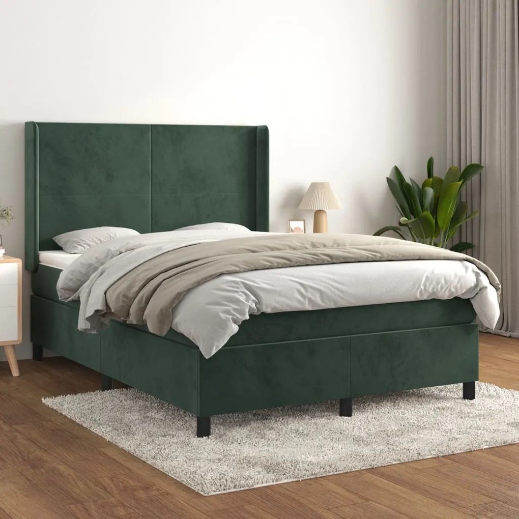 Pat box spring cu saltea, verde inchis, 140x190 cm, catifea Verde inchis, 140 x 190 cm, Design simplu