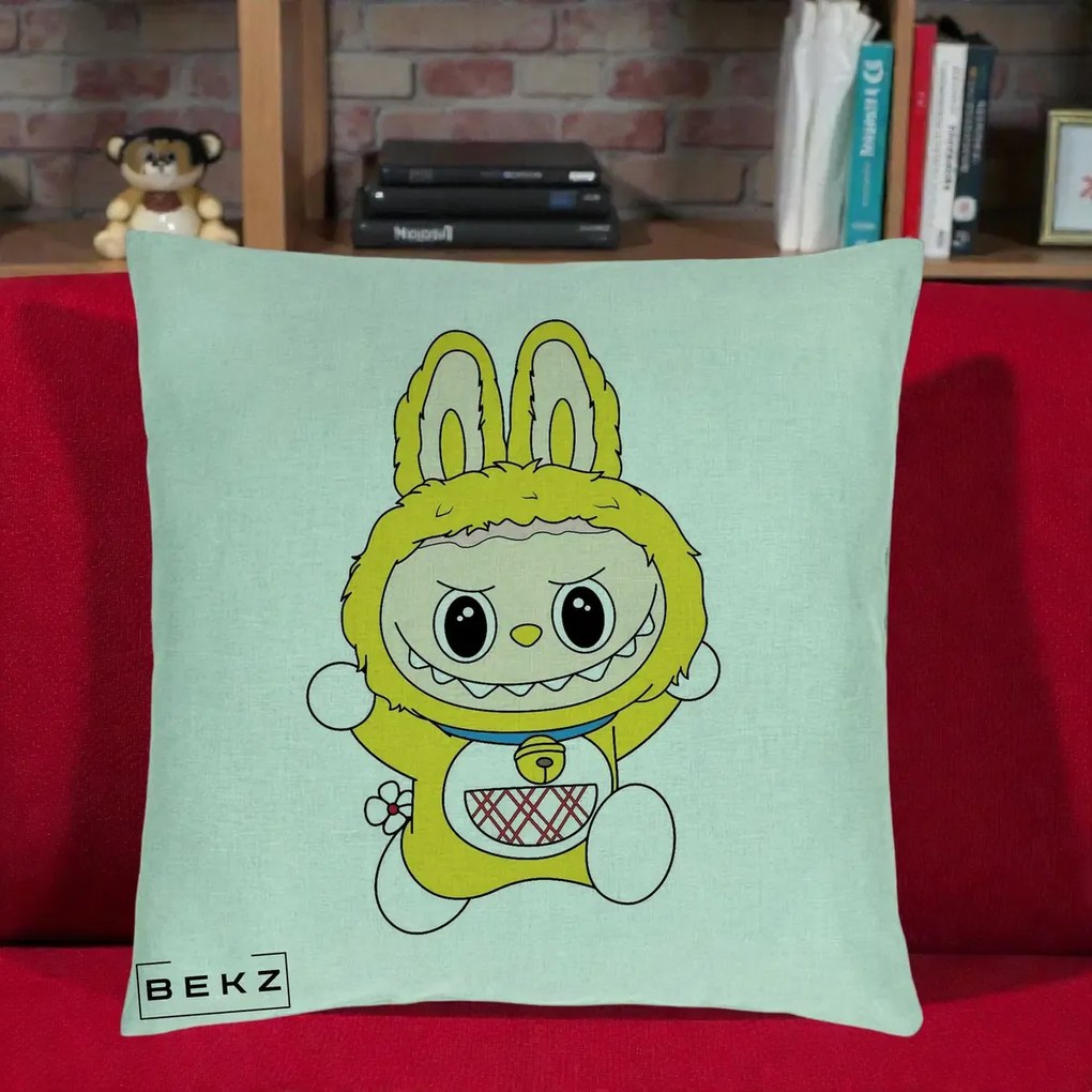 Perna Personalizata Labubu Galben Doraemon, 40x40 cm, Verde Menta, Husa Detasabila, Perna Inclusa, BEKZ®