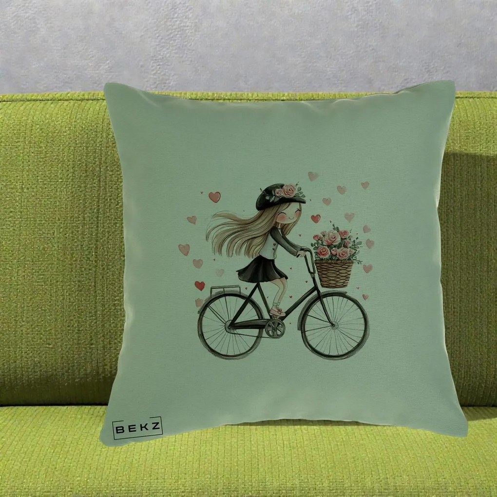 Perna Decorativa Fetita Kawaii pe Bicicleta cu Trandafiri si Inimioare, 40x40 cm, Verde, Husa Detasabila, Perna Inclusa, BEKZ®