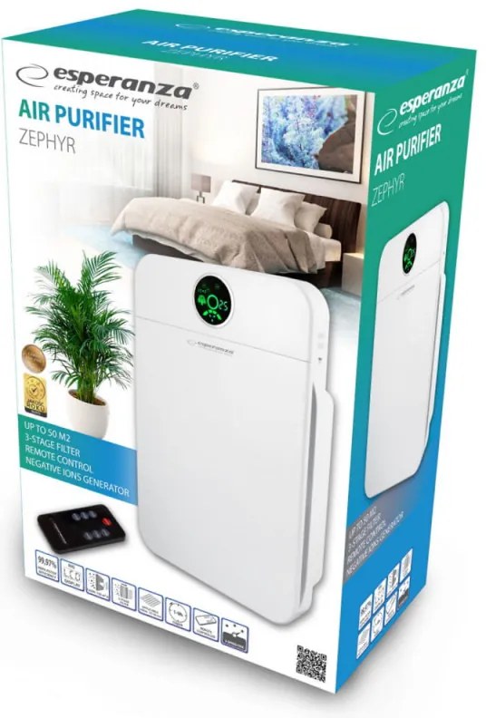 Purificator de aer Esperanza EHP002, Pana la 50 m², CADR 150 m³/h, Filtru HEPA/Carbon activ, Ionizare, Display LCD, Timer, Telecomanda, Alb