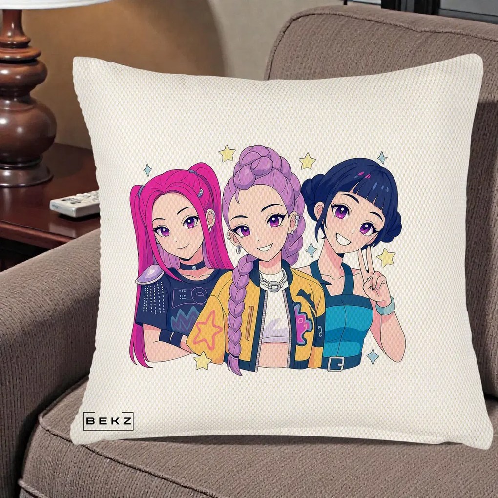 Perna Personalizata K-pop HUNTRX Trio Anime Stele, 40x40 cm, Crem Reliefat, Husa Detasabila, Perna Inclusa, BEKZ®