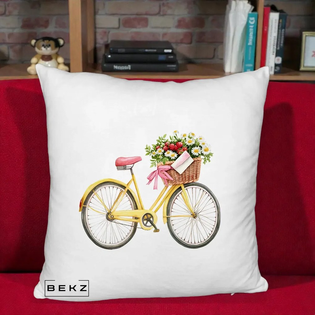 Perna Decorativa Bicicleta Galbena cu Cos de Flori Primavara, 40x40 cm, Alb Pufos, Husa Detasabila, Perna Inclusa, BEKZ®