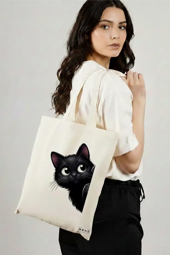 Sacosa de Panza pentru Cumparaturi, Geanta Tote, model The Curious Cat, 38 x 34.5 cm, Alba, BEKZ®