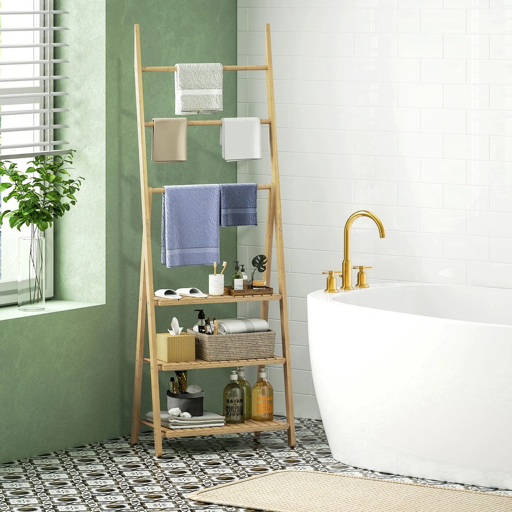 HOMCOM Raft Baie Pliabil pentru Prosoape cu 3 Rafturi și 3 Bare, 53,5x30x153 cm, Lemn Natural | Aosom Romania