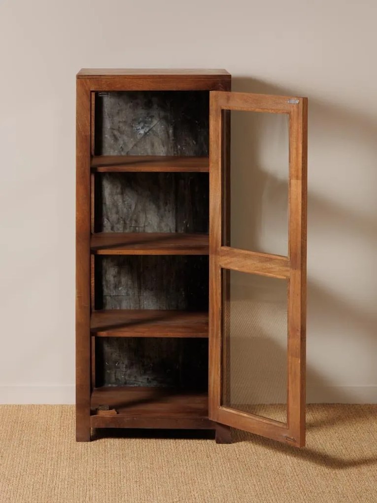 Vitrină mică rustică din lemn reciclat, maro, cu 1 ușă vitrată, laterale vitrate și 3 rafturi, finisaj natural, 127 x 54 x 46 cm, „Marcel”