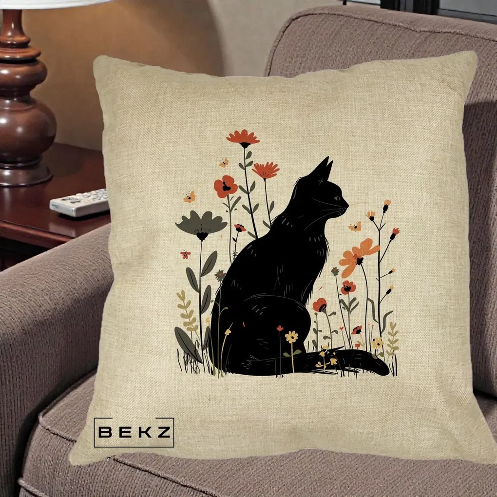 Perna Decorativa Pisica Neagra Profil Flori Portocalii, 40x40 cm, Crem, Husa Detasabila, Perna Inclusa, BEKZ®