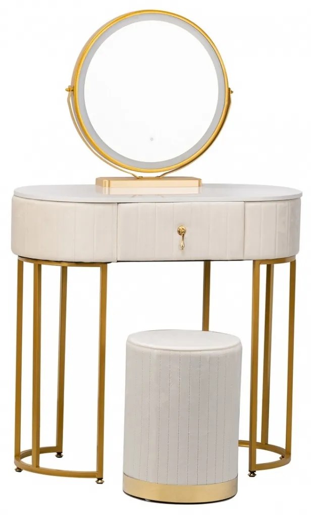 RESIGILAT-Set Bohemia, Masă de toaletă pentru machiaj cu oglindă iluminată LED, control touch, sertar, taburet, Bej, 80x40x75 cm