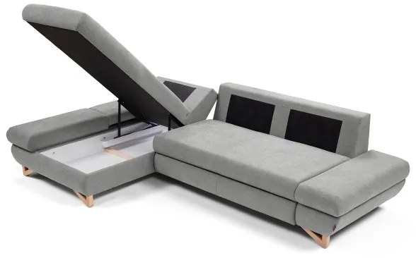 Colțar tapițat extensibil AVESTA, L stânga, gri, cu spațiu de depozitare