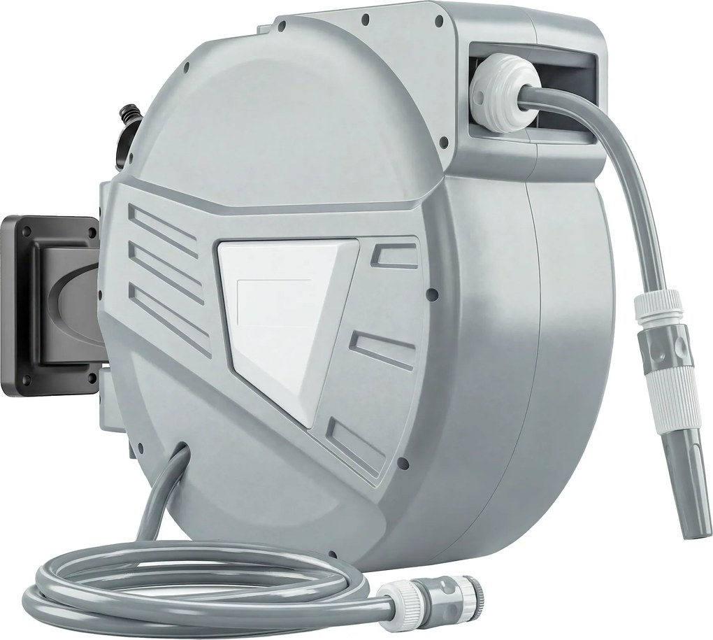 Outsunny Tambur Furtun pentru Udat Montat pe Perete 20+1,6m x Ø 15mm, Tambur Furtun Retractabil Automat Pivotant la 180°, Gri | Aosom Romania