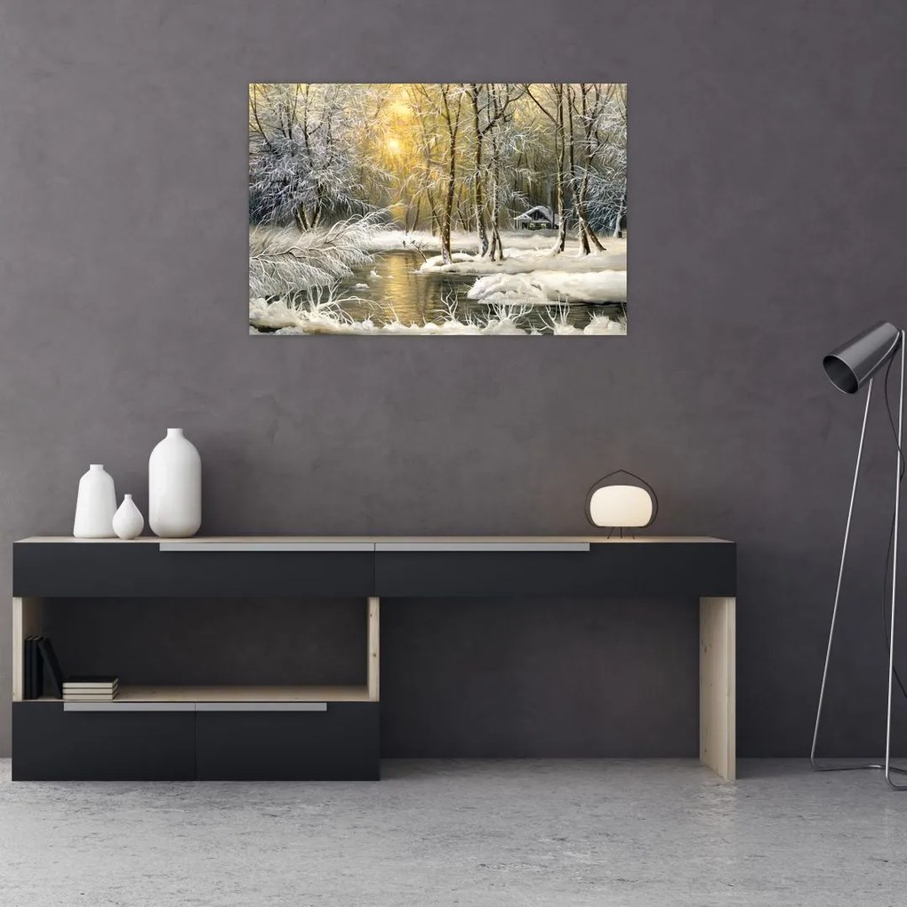 Tablou - Cabană în pădure, pictură în uei (90x60 cm)