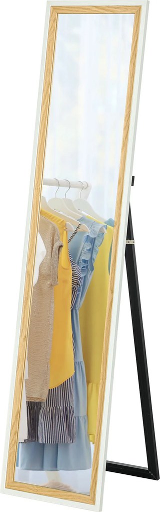 HOMCOM Oglindă de podea lungime întreagă oglindă pe suport cu ramă cu efect lemn, montare pe sol, suspendată, sprijinită, 157 x 37 cm alb | Aosom Romania