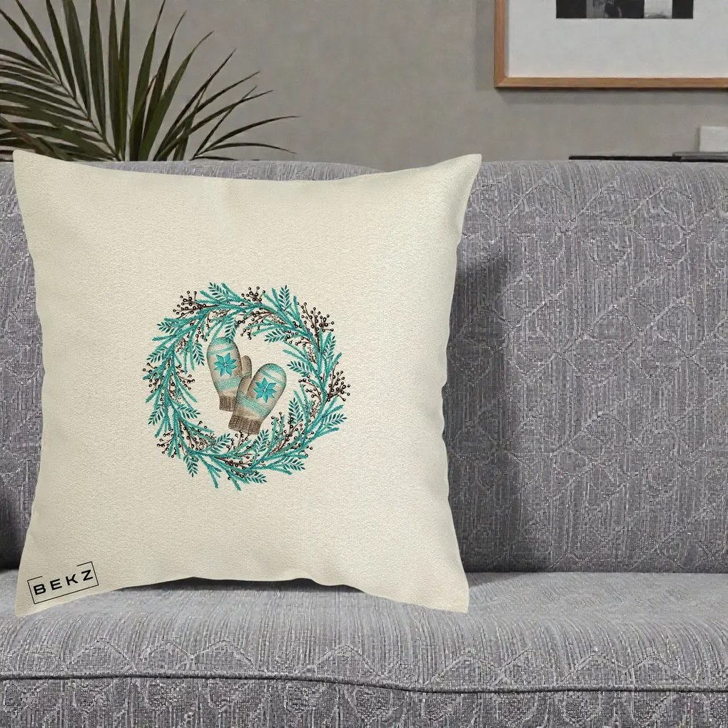 Perna Decorativa Coroana Turcoaz cu Manusi, 40x40 cm, Ecru, Husa Detasabila, Perna Inclusa, BEKZ®