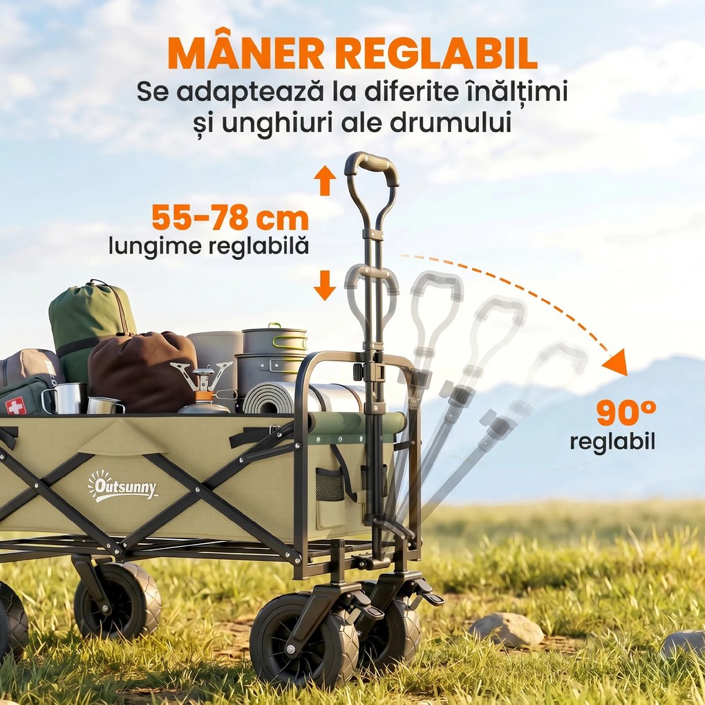 Outsunny Cărucior de Exterior Pliabil, Rezistent pentru Camping, cu Ușă în Spate Deschidere și Maner Telescopic | Aosom Romania